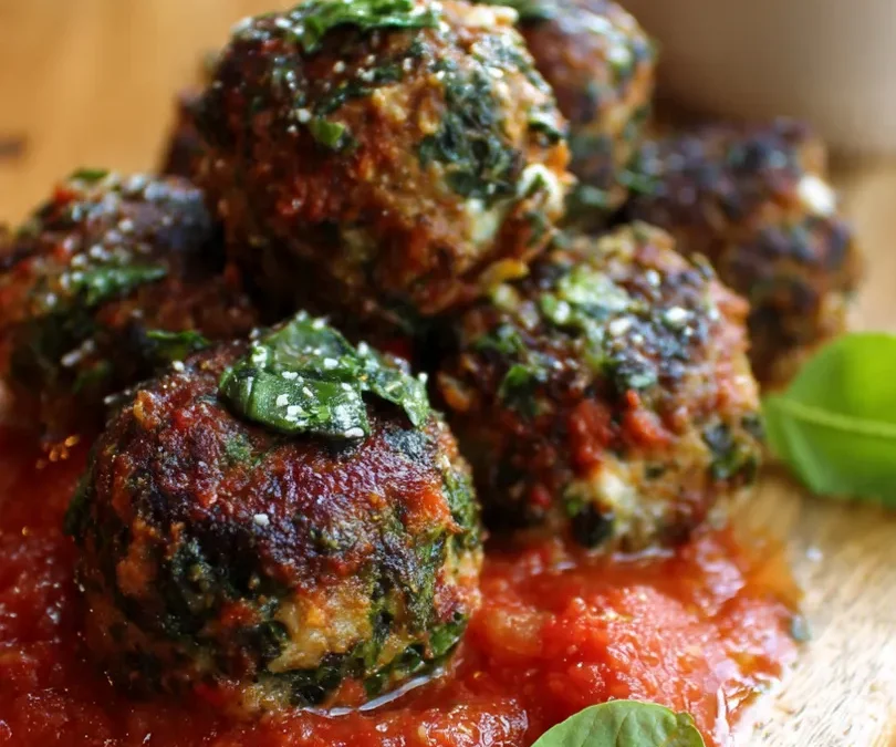 Spinach Garlic Meatballs Stuffed with Mozzarella