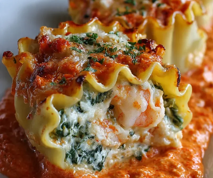 Shrimp and Spinach Stuffed Pasta Rolls with Roasted Red Pepper Cream