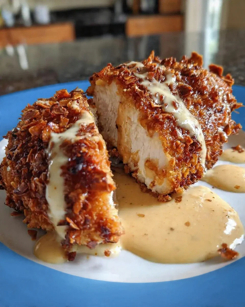 Crispy Pretzel Chicken With Creamy Mustard-Cheddar Sauce Crispy Pretzel Chicken Creamy Mustardcheddar Sauce