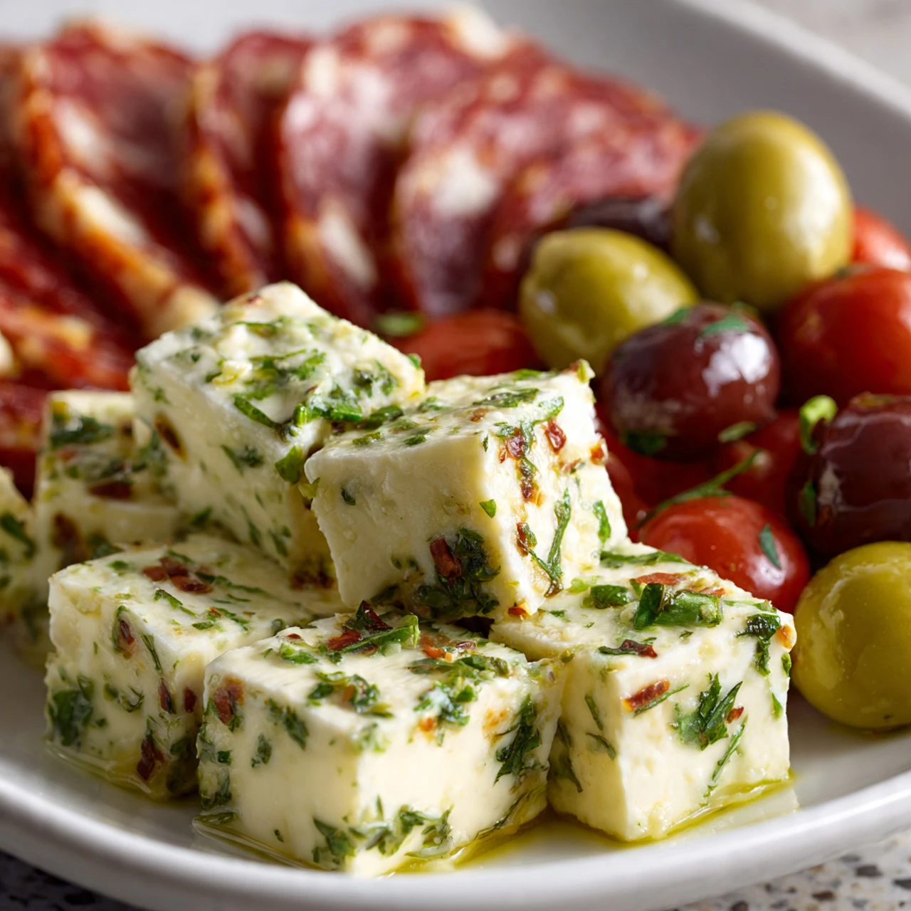 Easy Marinated Cheese Appetizer With Salami & Green Olives Marinated Cheese Appetizer Salami Green Olives