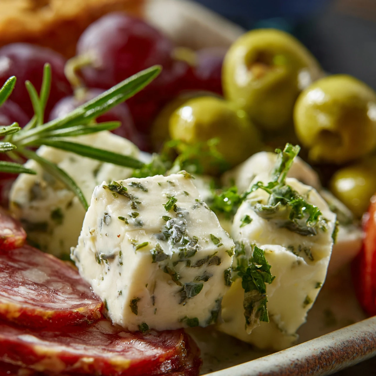 Easy Marinated Cheese Appetizer With Salami & Green Olives Marinated Cheese Appetizer Salami Green Olives