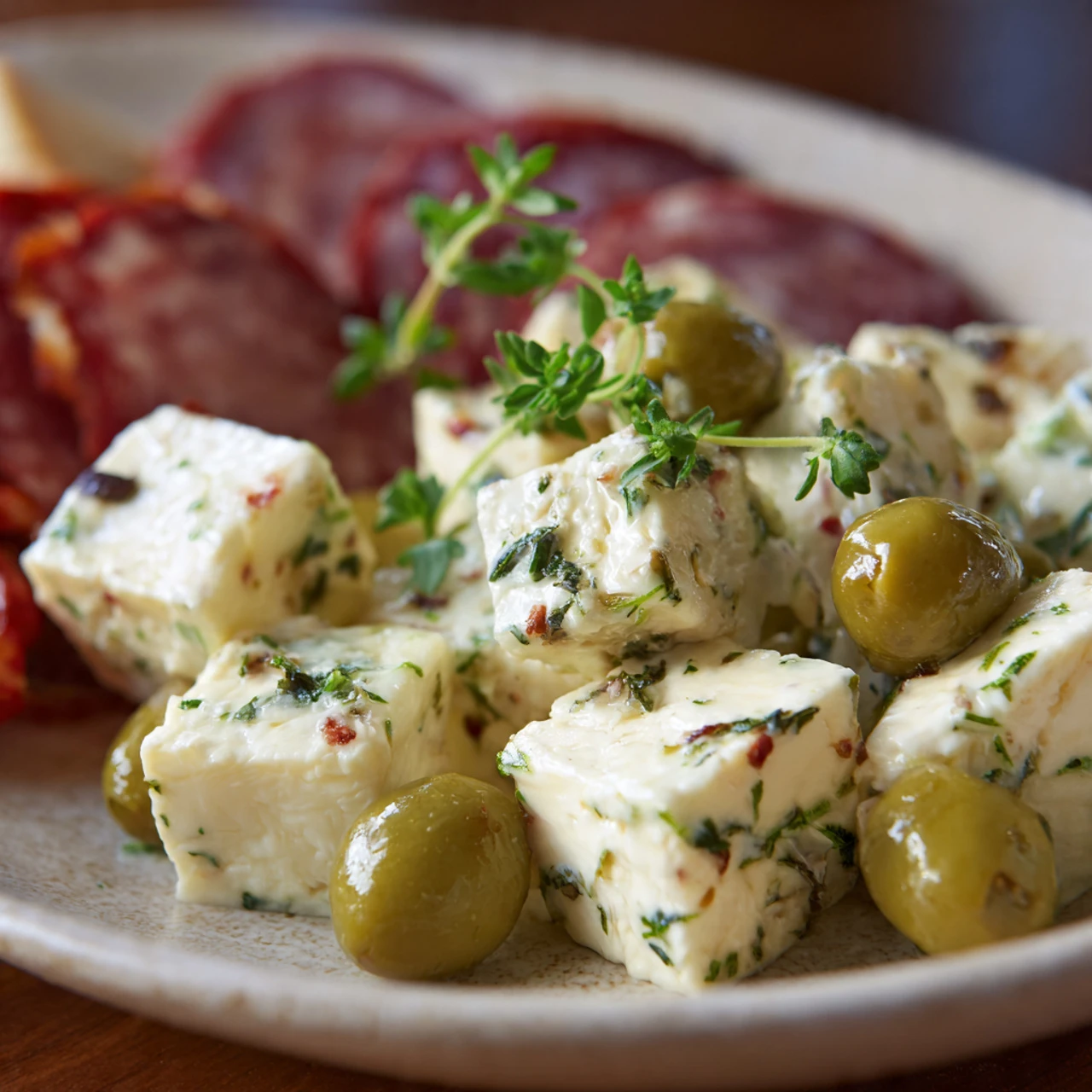 Easy Marinated Cheese Appetizer With Salami & Green Olives Marinated Cheese Appetizer Salami Green Olives