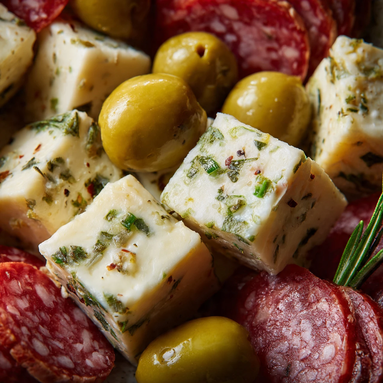 Easy Marinated Cheese Appetizer with Salami & Green Olives