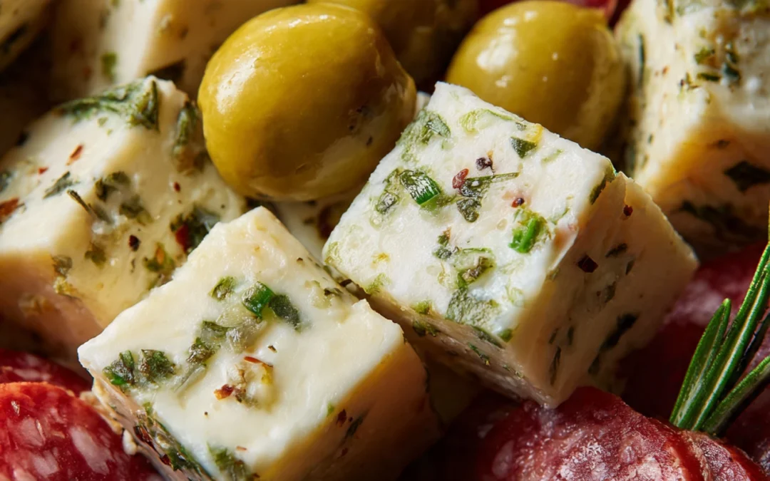 Easy Marinated Cheese Appetizer with Salami & Green Olives