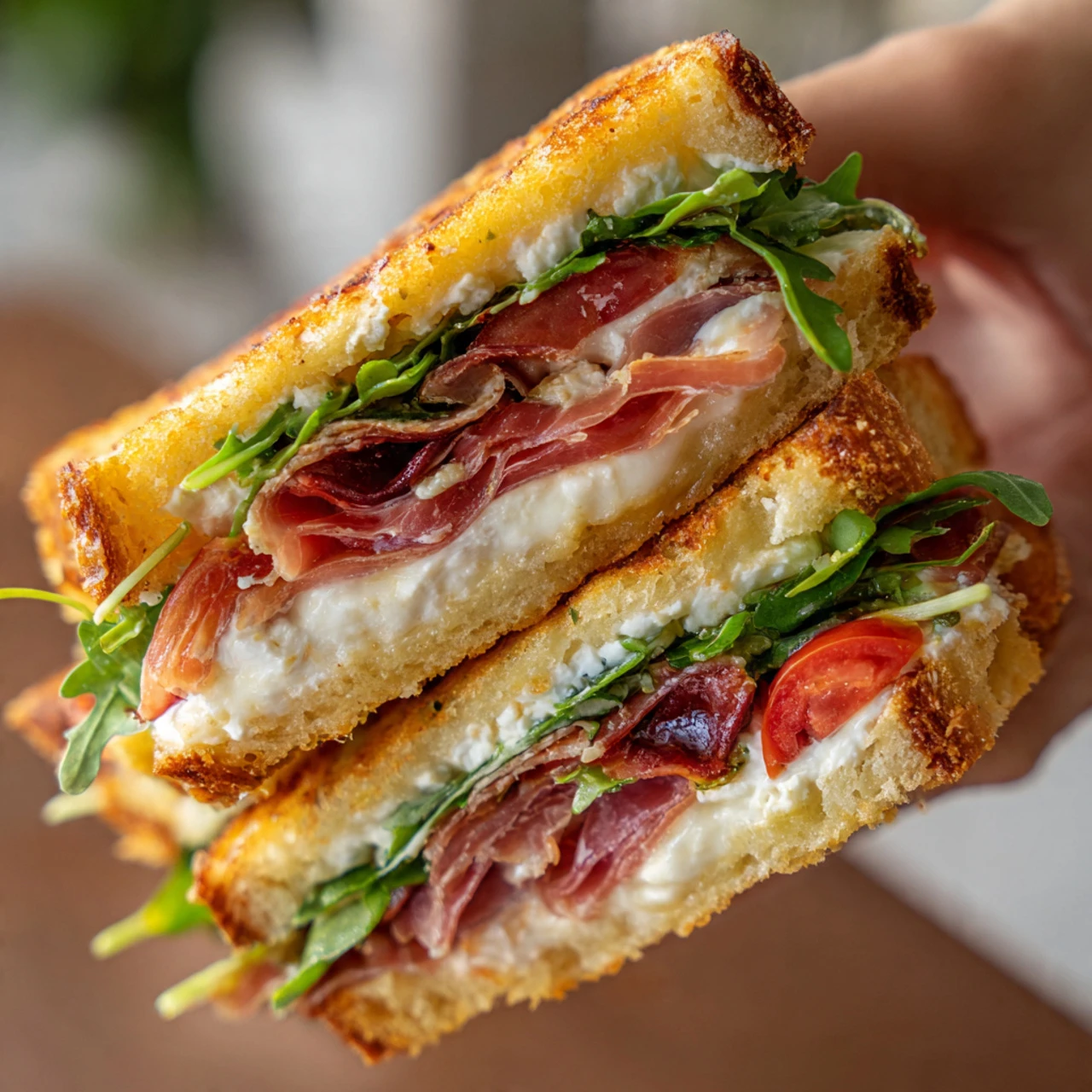 Smoked Prosciutto Goat Cheese Baby Arugula Tomato And Balsamic Glaze Panini Smoked Prosciutto Goat Cheese Baby Arugula Tomato