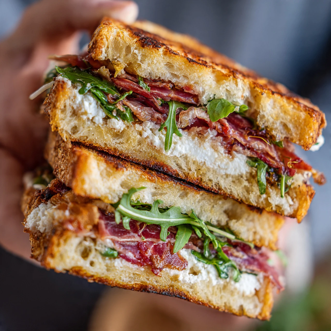 Smoked Prosciutto Goat Cheese Baby Arugula Tomato And Balsamic Glaze Panini