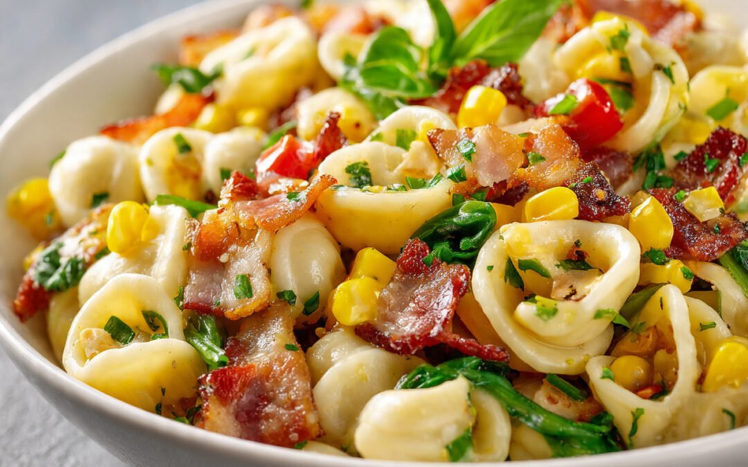 Corn Pasta Salad with Bacon and Creamy Pesto Dressing