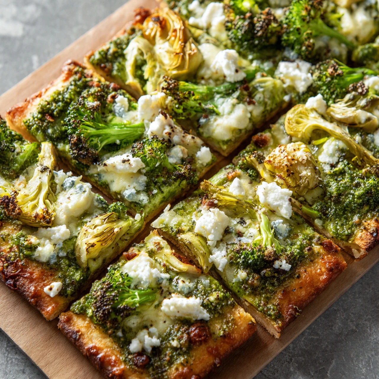 Green Pizza with Pesto, Feta, Artichokes, and Broccoli