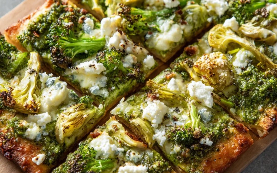 Green Pizza with Pesto, Feta, Artichokes, and Broccoli