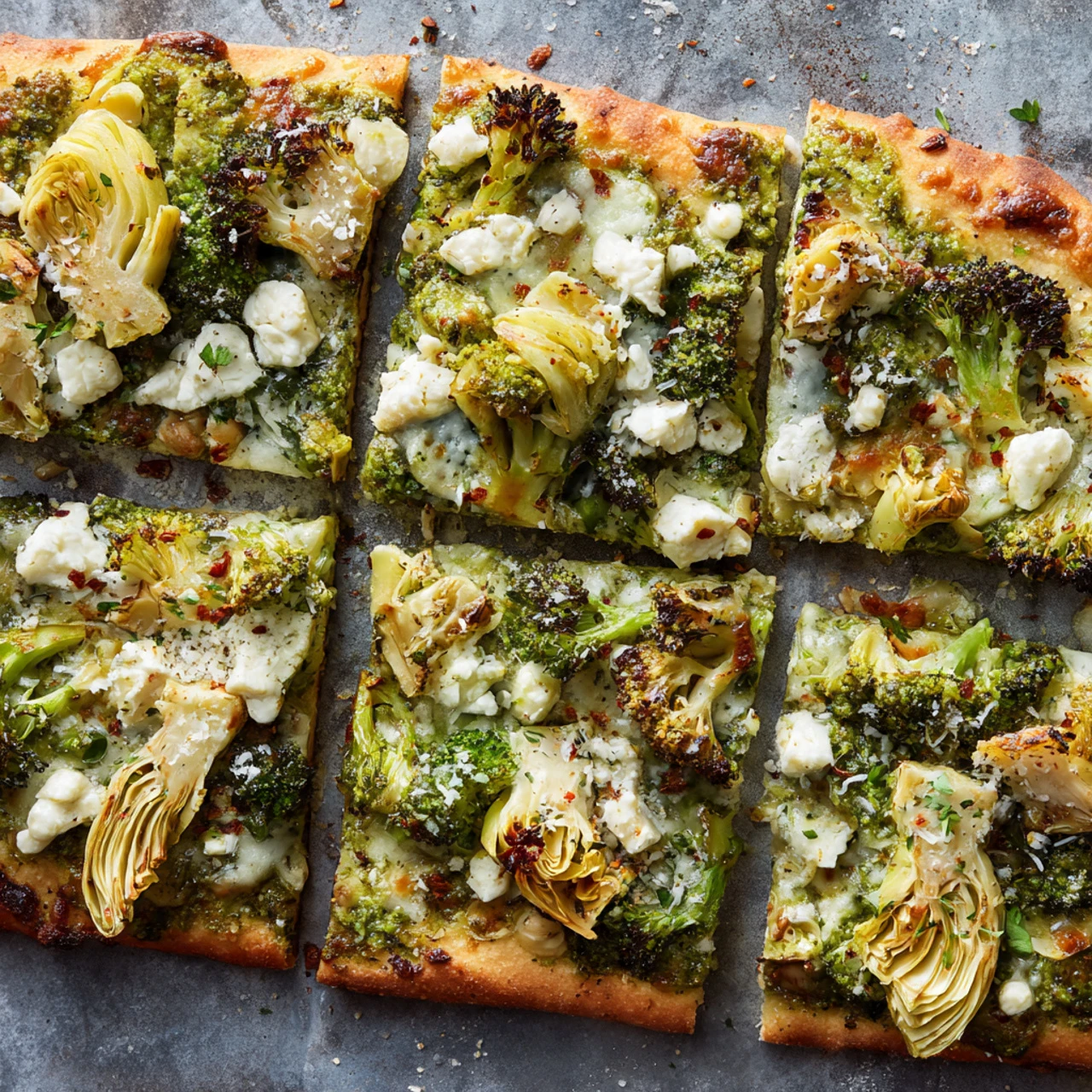 Green Pizza With Pesto Feta Artichokes And Broccoli Green Pizza Pesto Feta