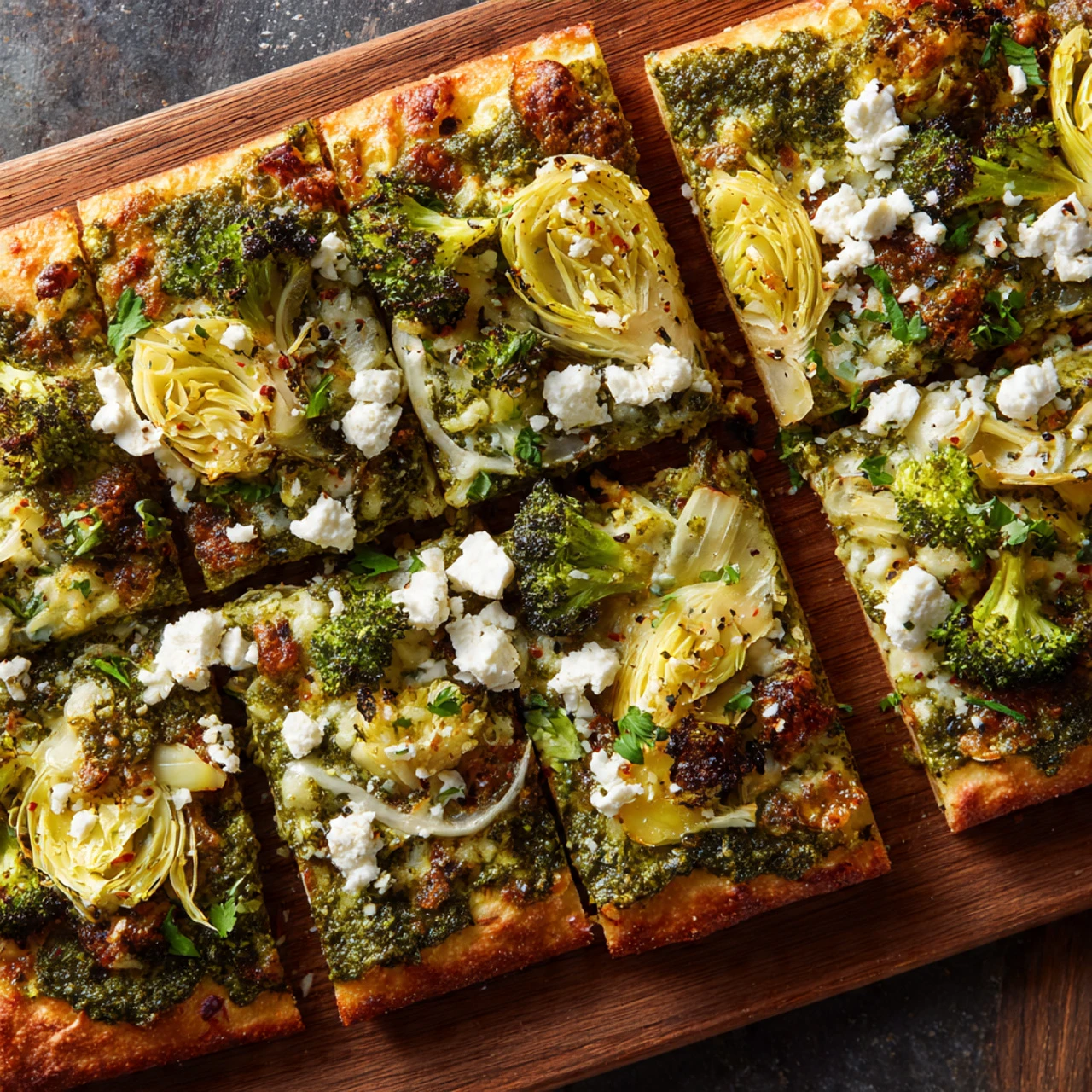 Green Pizza With Pesto Feta Artichokes And Broccoli Green Pizza Pesto Feta