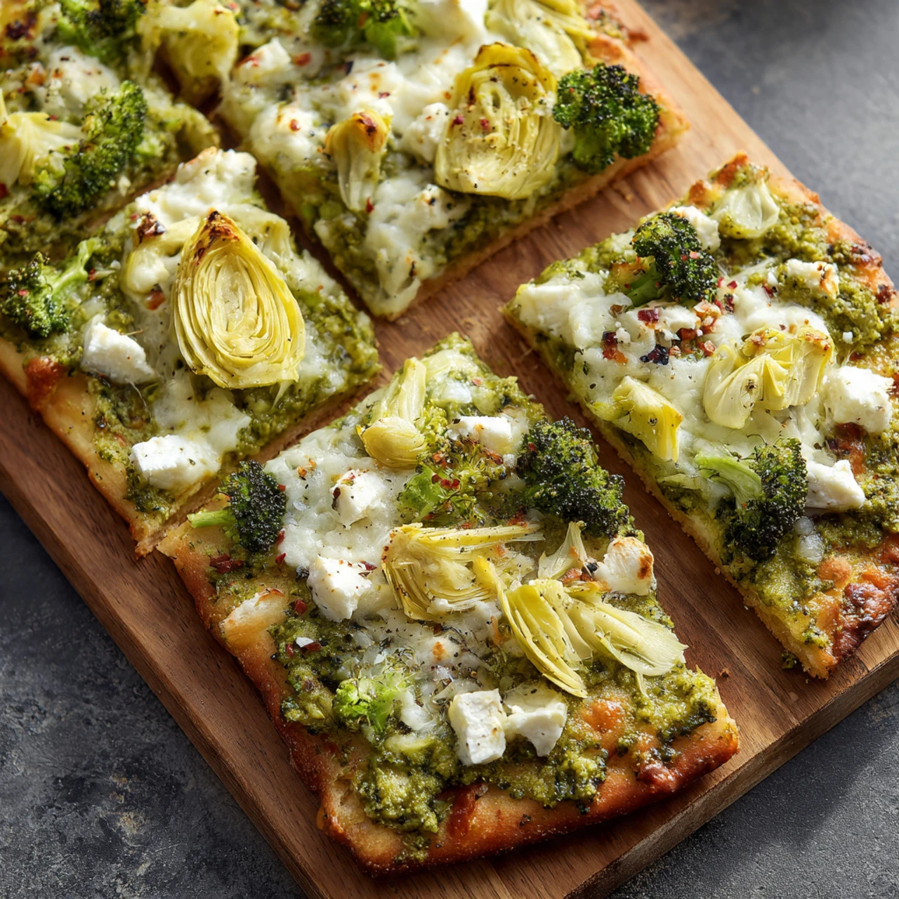 Green Pizza With Pesto Feta Artichokes And Broccoli Green Pizza Pesto Feta