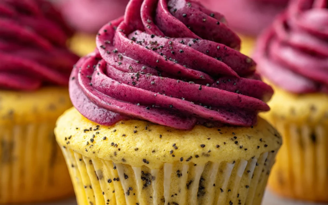 Lemon Poppy Seed Cupcakes with Blackberry Frosting
