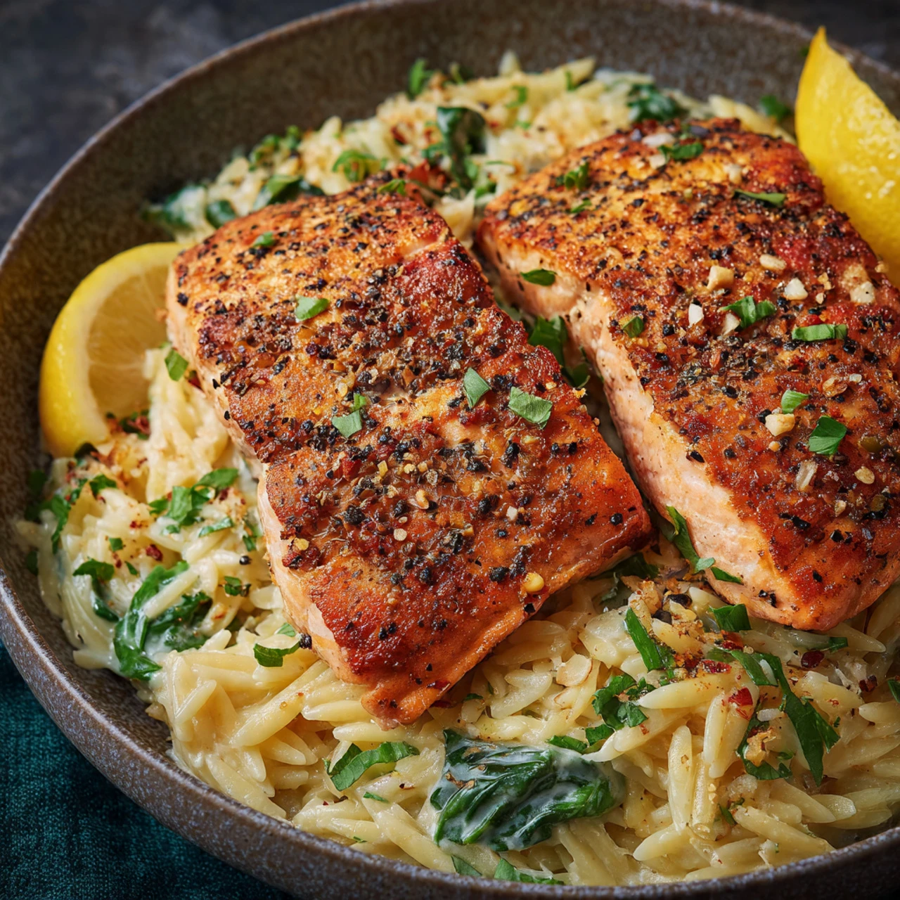One Skillet Salmon with Lemon Orzo